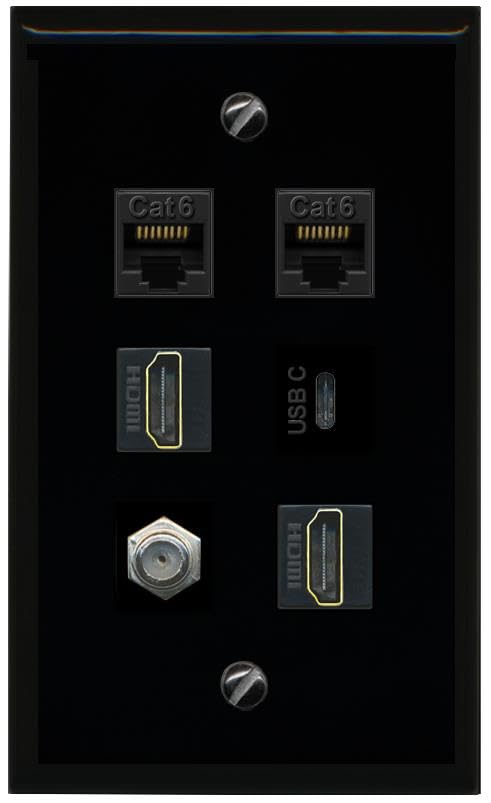 RiteAV 2 CAT6 Coax 2 HDMI USBC Flat/Solid Wall Plate [Black]