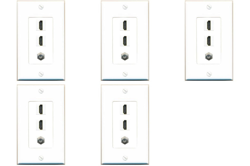 RiteAV - 2 HDMI and 1 Coax Cable TV F Type Port Wall Plate White Decorative (5 Pack)