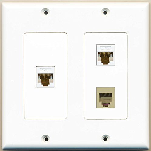 RiteAV - 1 Port Phone RJ11 RJ12 Beige 2 Port Cat6 Ethernet White - 2 Gang Wall Plate