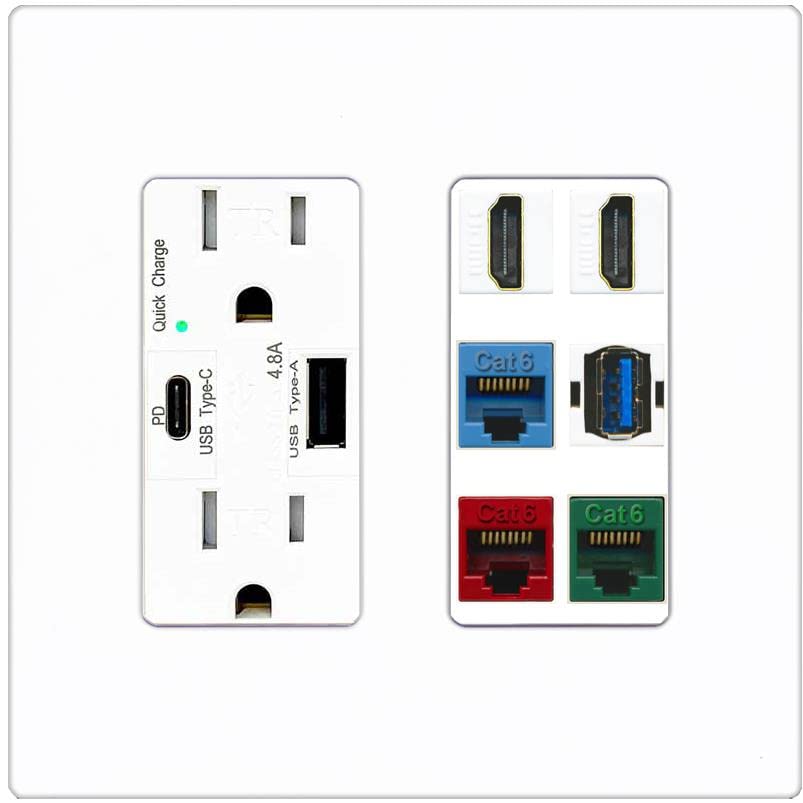 RiteAV 2 HDMI 3 Cat6 Ethernet USB3 Mixed Color Wall Plate - USB A+C Charger [Screwless White]
