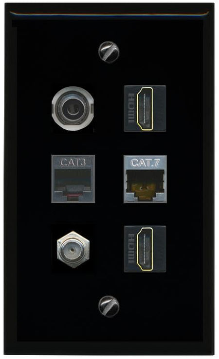 RiteAV 3.5mm CAT7 Coax 2 HDMI Phone Flat/Solid Wall Plate [Black]