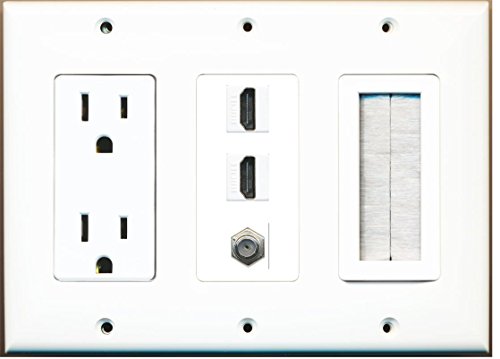 RiteAV - (3 Gang 15A Power Outlet Mesh-Brush 2 HDMI Coax Wall Plate White