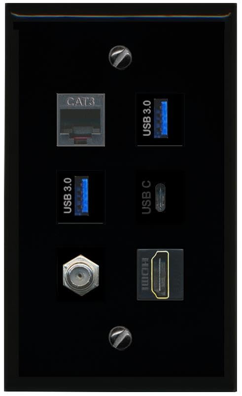 RiteAV Coax HDMI Phone 2 USB 3 USBC Flat/Solid Wall Plate [Black]
