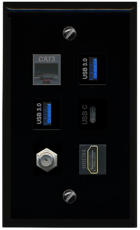 RiteAV Coax HDMI Phone 2 USB 3 USBC Flat/Solid Wall Plate [Black]