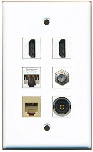 RiteAV - 2 HDMI 1 Port Coax Cable TV- F-Type 1 Port Phone RJ11 RJ12 Beige 1 Port Toslink 1 Port Cat5e Ethernet White Wall Plate