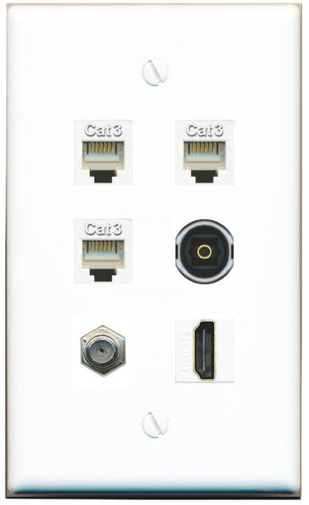 RiteAV Coax HDMI 3 Phone TOSLINK Flat/Solid Wall Plate [White]