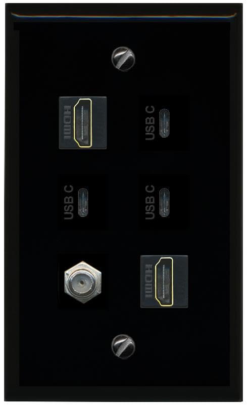 RiteAV Coax 2 HDMI 3 USBC Flat/Solid Wall Plate [Black]