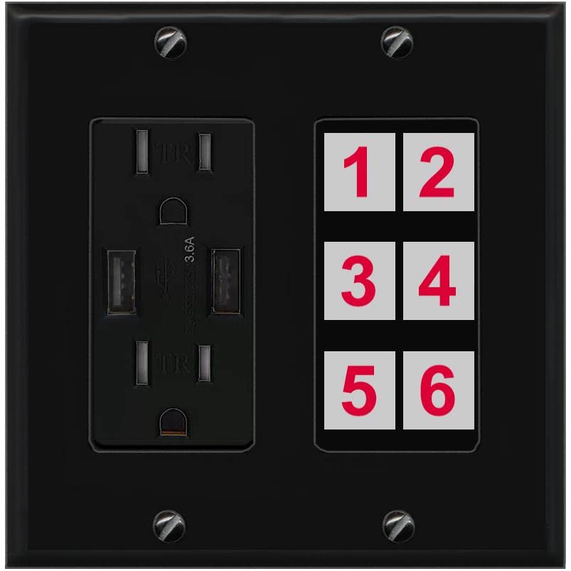 RiteAV 6 Port Custom Wall Plate - USB Charger [Black/Black]