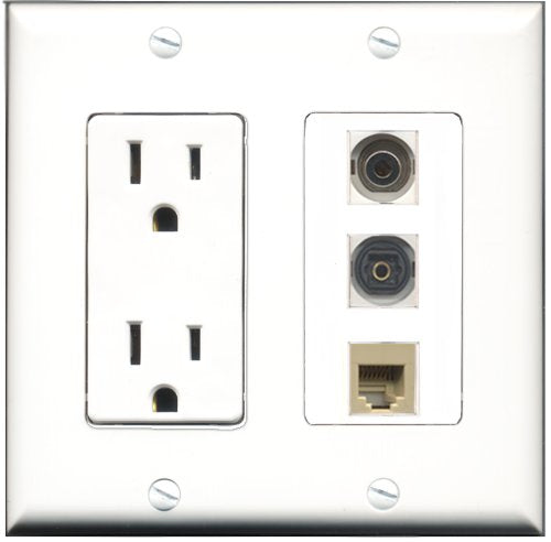 RiteAV - 15 Amp Power Outlet 1 Port Phone Beige 1 Port Toslink 1 Port 3.5mm Decorative Wall Plate