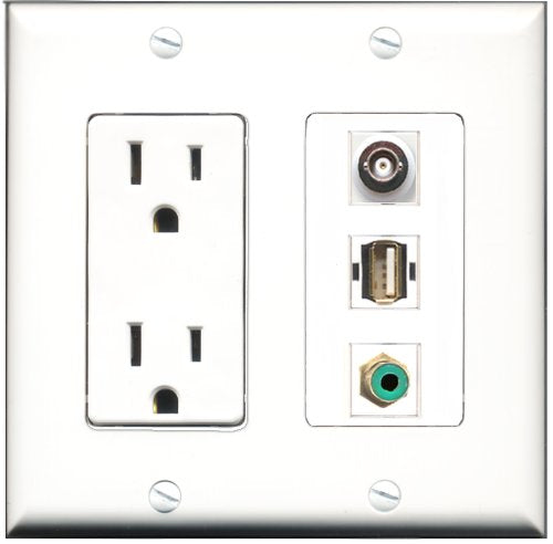 RiteAV - 15 Amp Power Outlet 1 Port RCA Green 1 Port USB A-A 1 Port BNC Decorative Wall Plate