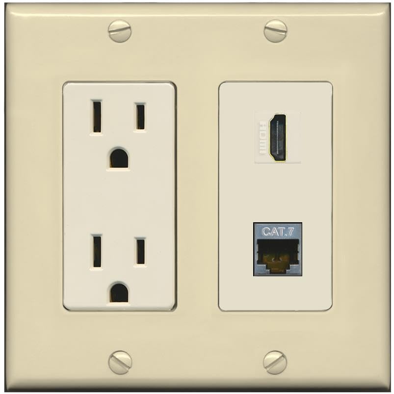 RiteAV HDMI and Cat7 Wall Plate - Outlet [Ivory/Light-Almond]