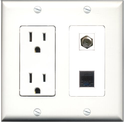 RiteAV - 15 Amp Power Outlet and 1 Port Coax Cable TV- F-Type and 1 Port Cat5e Ethernet Black Decorative Type Wall Plate White