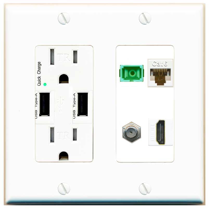 RiteAV 1 Port Fiber Optic Jack SC Simplex APC + Cat6 + Coax + HDMI Wall Plate-USB Charger White