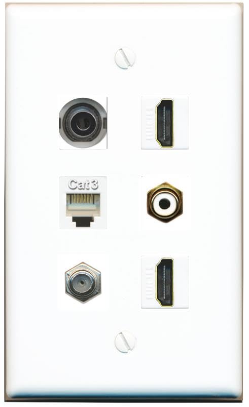 RiteAV 3.5mm Coax 2 HDMI Phone RCA-White Flat/Solid Wall Plate [White]