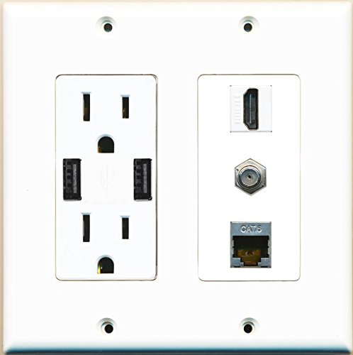 RiteAV 15 Amp 125V Power Outlet (2 Powered USB Charger Receptacle) Hdmi Coax Shielded Cat6 Wall Plate White