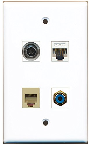RiteAV - 1 Port RCA Blue 1 Port Phone RJ11 RJ12 Beige 1 Port 3.5mm 1 Port Cat5e Ethernet White Wall Plate