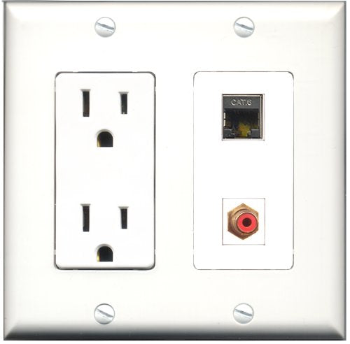 RiteAV - 15 Amp Power Outlet and 1 Port RCA Red and 1 Port Shielded Cat6 Ethernet Decorative Type Wall Plate White
