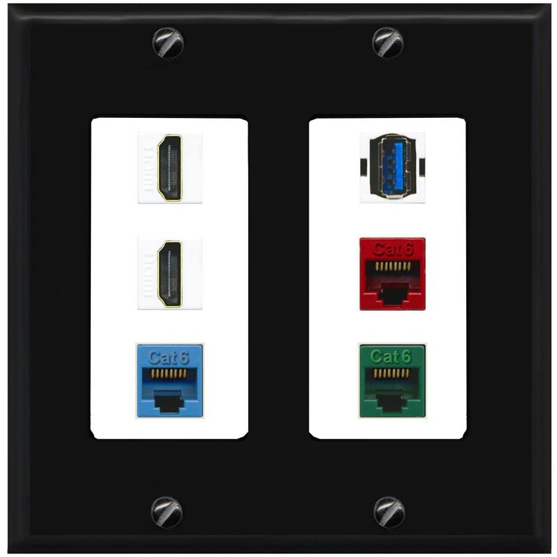 RiteAV 2 HDMI 3 Cat6 Ethernet USB3 Mixed Color Wall Plate - 2 Gang [Black/White]