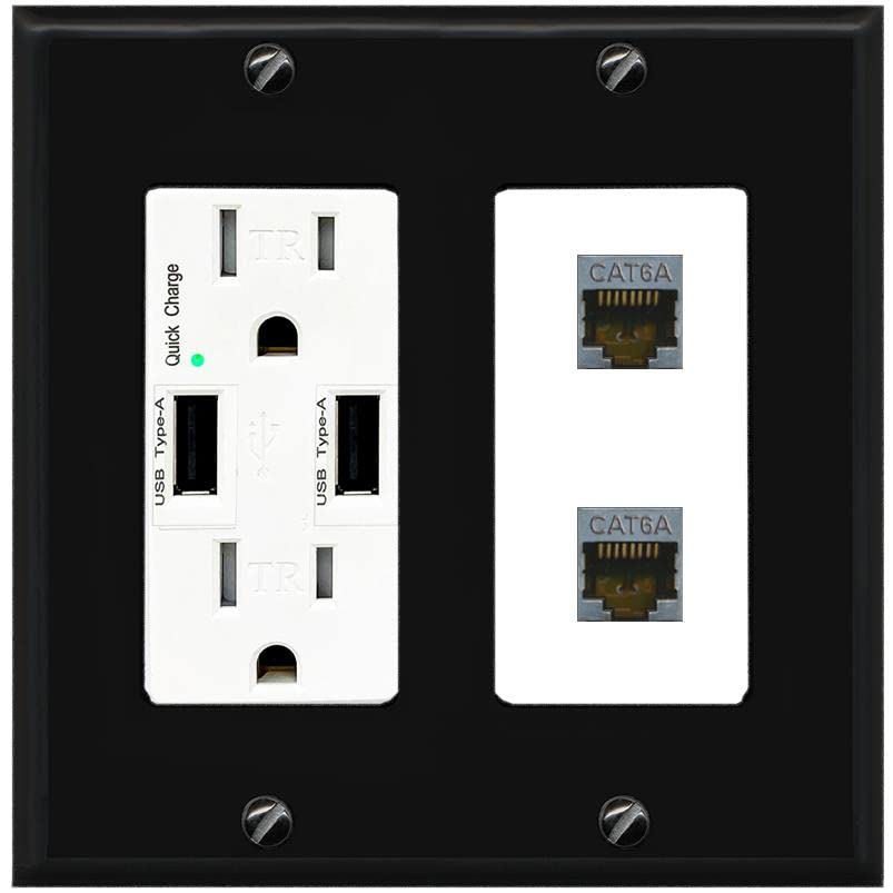 RiteAV 2 Port Cat6A Wall Plate - USB Charger [Black/White]