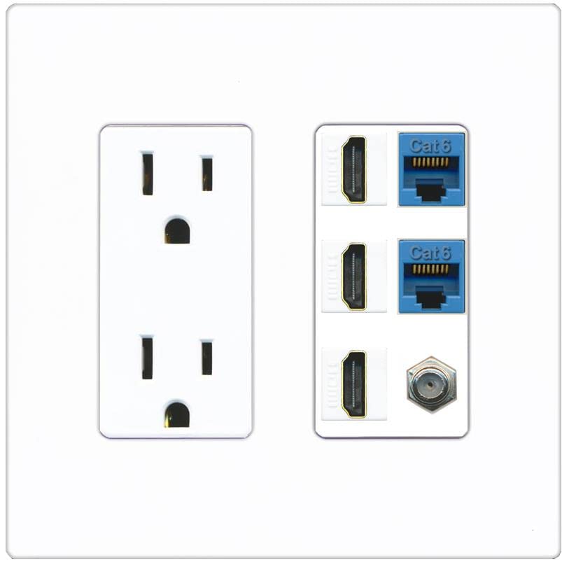 RiteAV 3 HDMI Wall Plate 2 Cat6 1 Coax - Outlet [Screwless White]