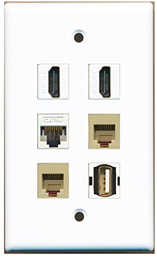 RiteAV - 2 HDMI 1 Port USB A-A 2 Port Phone RJ11 RJ12 Beige 1 Port Cat5e Ethernet White Wall Plate