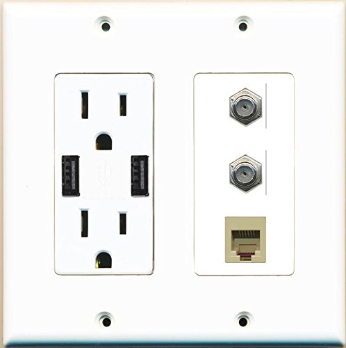 RiteAV Power Outlet 2 USB Charger 2 Coax Rj11/12 Beige Wall Plate White