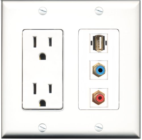 RiteAV - 15 Amp Power Outlet 1 Port RCA Red 1 Port RCA Blue 1 Port USB A-A Decorative Wall Plate