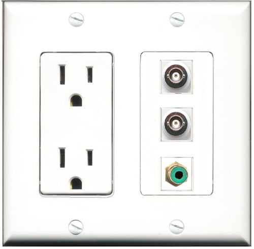 RiteAV - 15 Amp Power Outlet 1 Port RCA Green 2 Port BNC Decorative Wall Plate