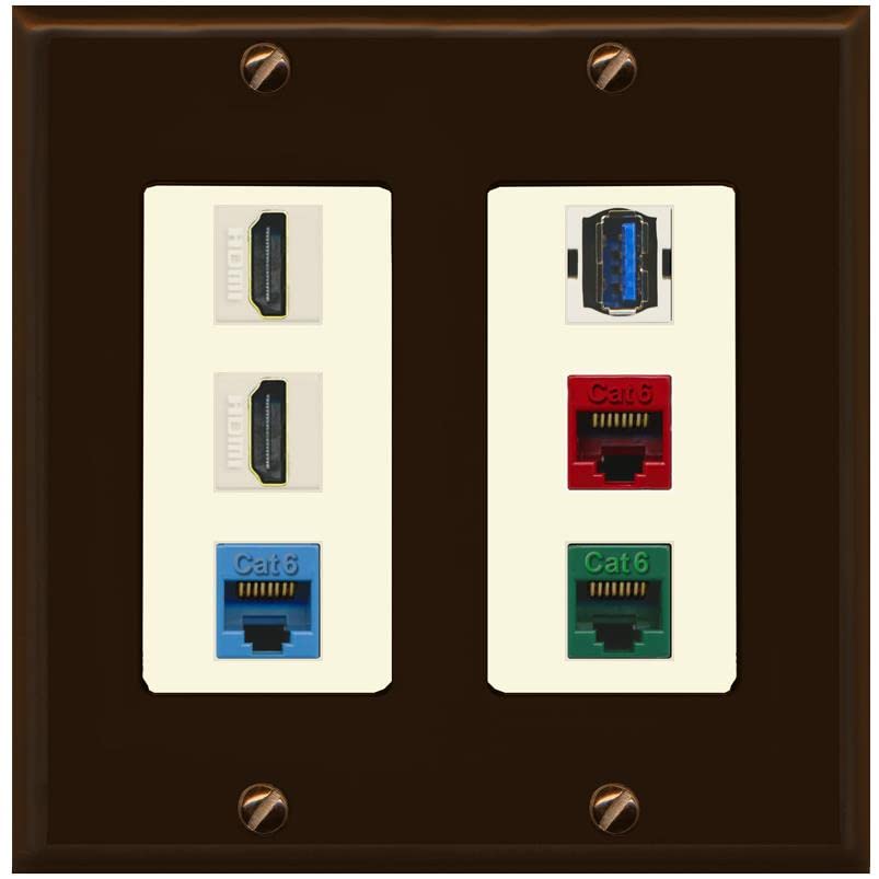 RiteAV 2 HDMI 3 Cat6 Ethernet USB3 Mixed Color Wall Plate - 2 Gang [Brown/Light-Almond]