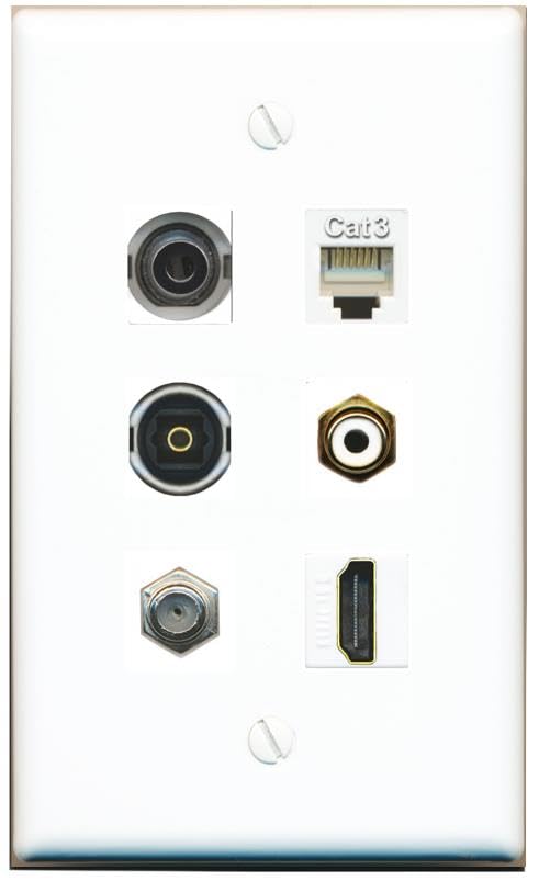 RiteAV 3.5mm Coax HDMI Phone RCA-White TOSLINK Flat/Solid Wall Plate [White]