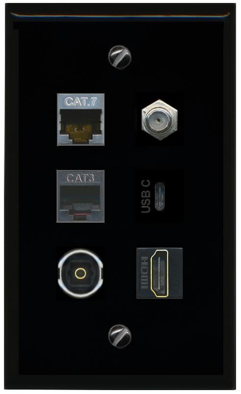 CAT7 COAX HDMI PHONE TOSLINK USBC Wall Plate-Flat Black/Black