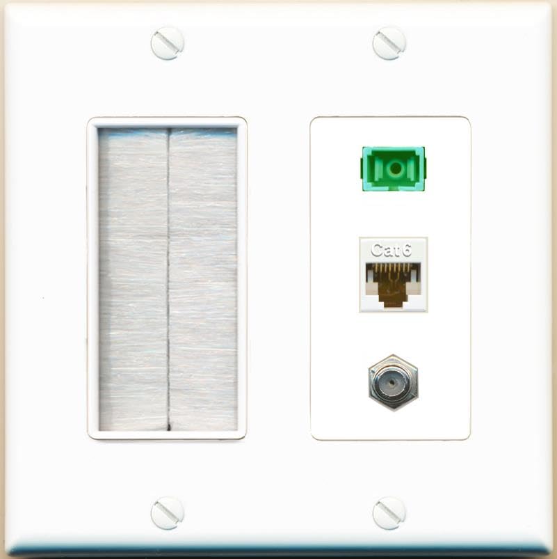 RiteAV 1 Port Fiber Optic Jack SC Simplex APC + Cat6 + Coax Wall Plate-Brush White