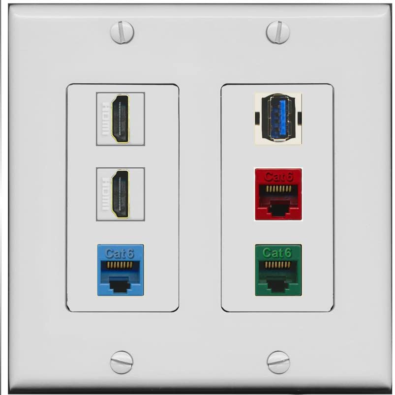 RiteAV 2 HDMI 3 Cat6 Ethernet USB3 Mixed Color Wall Plate - 2 Gang [Gray/Gray]