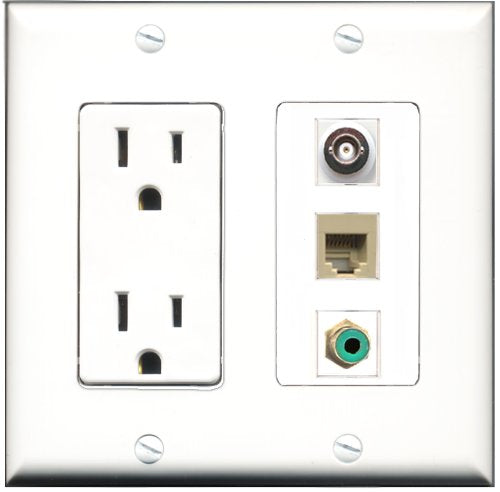 RiteAV - 15 Amp Power Outlet 1 Port RCA Green 1 Port Phone Beige 1 Port BNC Decorative Wall Plate