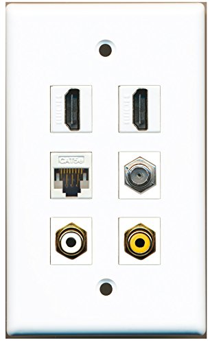 RiteAV - 2 HDMI 1 Port RCA White 1 Port RCA Yellow 1 Port Coax Cable TV- F-Type 1 Port Cat5e Ethernet White Wall Plate