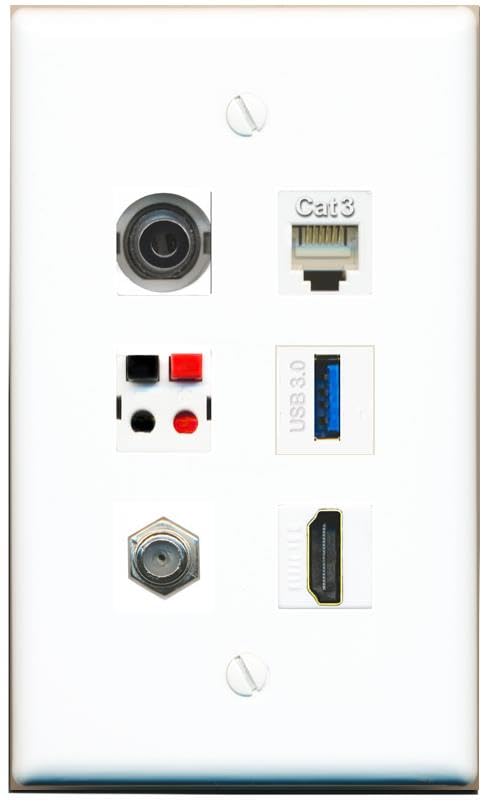 RiteAV 3.5mm COAX HDMI PHONE SPEAKER USB-3 Flat/Solid Wall Plate [White]