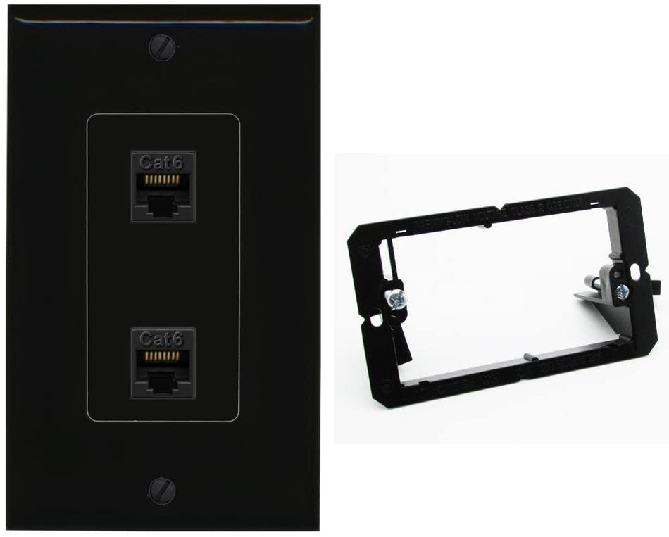 RiteAV 2 Port Cat6 Ethernet Wall Plate - 1 Gang w-Bracket [Black/Black]