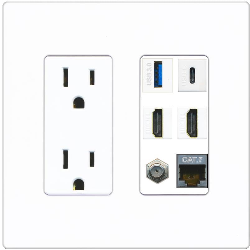 RiteAV USB 3 USB C 2 HDMI Coax Cat7 Wall Plate - Outlet [Screwless White]