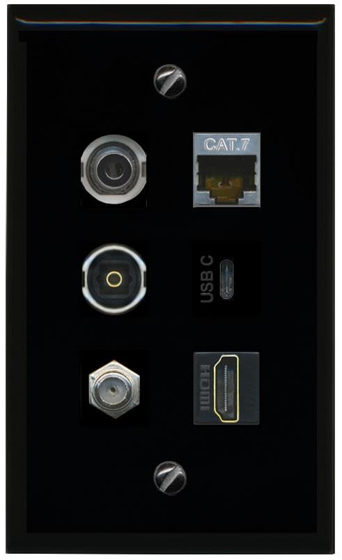 RiteAV 3.5mm CAT7 Coax HDMI TOSLINK USBC Flat/Solid Wall Plate [Black]