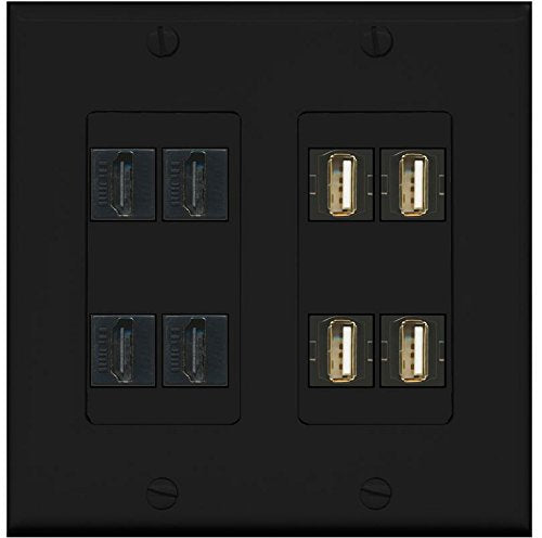 RiteAV - (2 Gang Decorative 4 USB A-A (Black) 4 HDMI Black Wall Plate Black