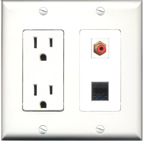 RiteAV - 15 Amp Power Outlet and 1 Port RCA Red and 1 Port Cat5e Ethernet Black Decorative Type Wall Plate White