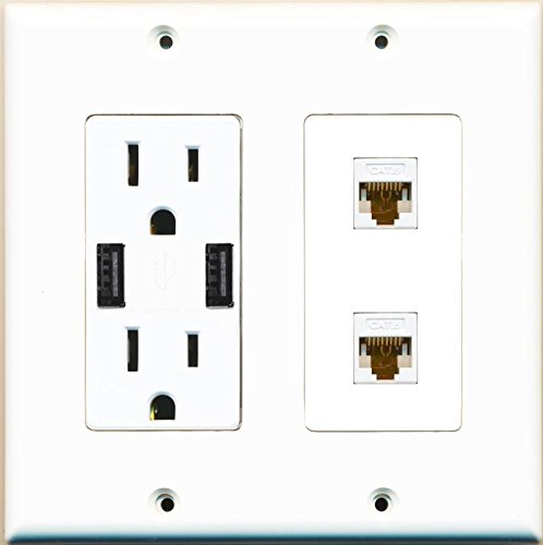 RiteAV 15A 125V Power Outlet with 2 Powered USB Ports and 2 x Cat6 Ethernet Decorative White Wall Plate