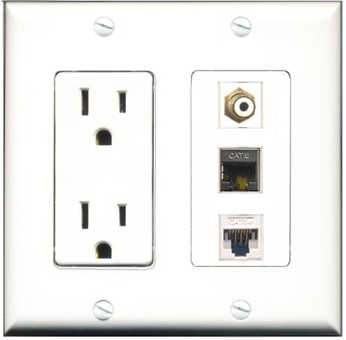 RiteAV - 15 Amp Power Outlet 1 Port RCA White 1 Port Shielded Cat6 Ethernet Ethernet 1 Port Cat5e Ethernet White Decorative Wall Plate