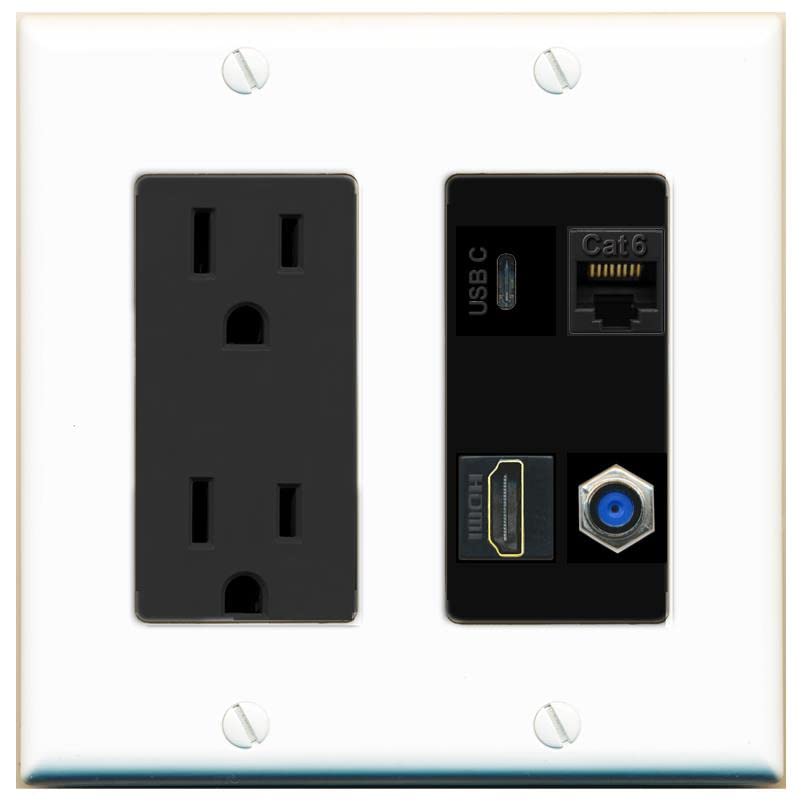 RiteAV USBC HDMI Cat6 Coax F81 Wall Plate - Outlet [White/Black]