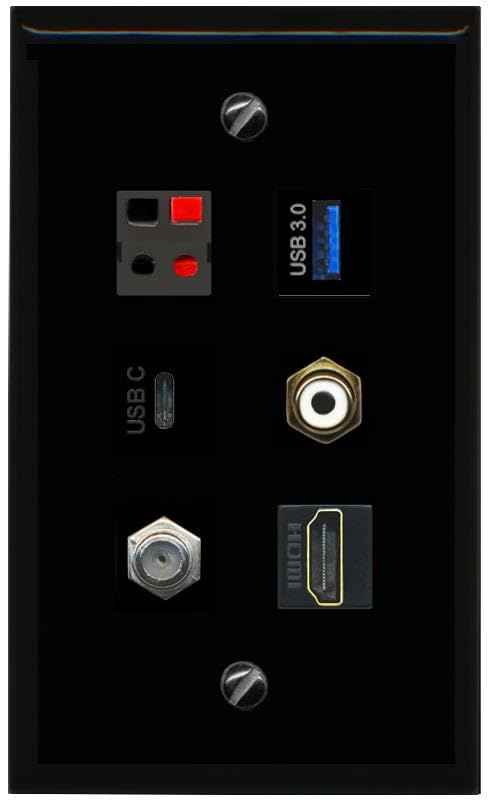 RiteAV COAX HDMI RCA WHITE SPEAKER USB 3 USBC Flat/Solid Wall Plate [Black]
