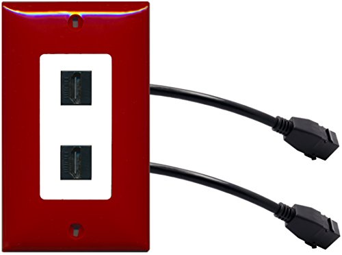 RiteAV (1 Gang Decorative 2 HDMI Black Wall Plate w/Pigtail Extension Cable Red on White