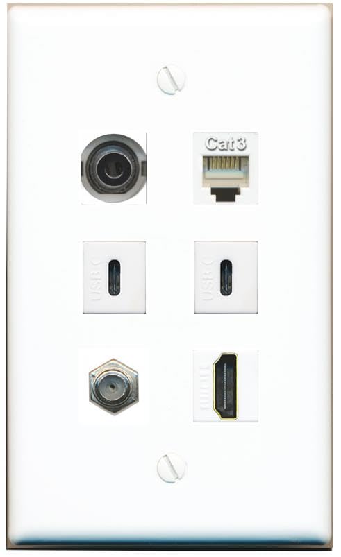 RiteAV 3.5mm Coax HDMI Phone 2 USBC Flat/Solid Wall Plate [White]