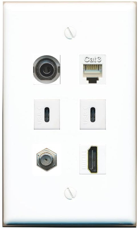 RiteAV 3.5mm Coax HDMI Phone 2 USBC Flat/Solid Wall Plate [White]