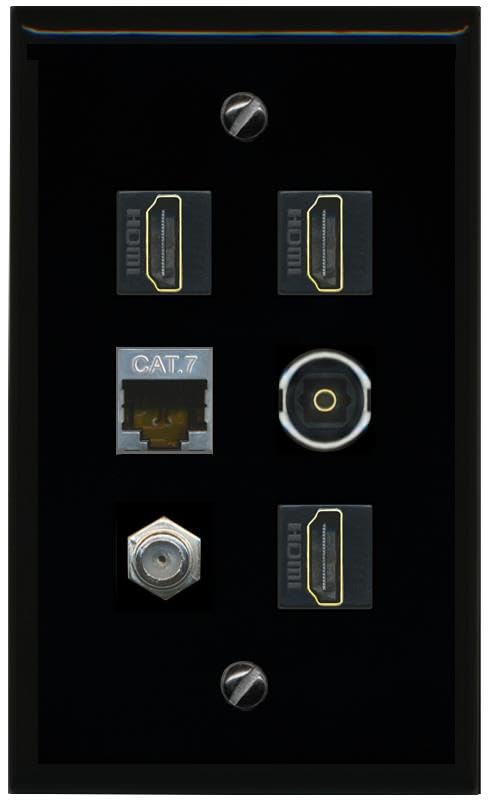 RiteAV CAT7 Coax 3 HDMI TOSLINK Flat/Solid Wall Plate [Black]