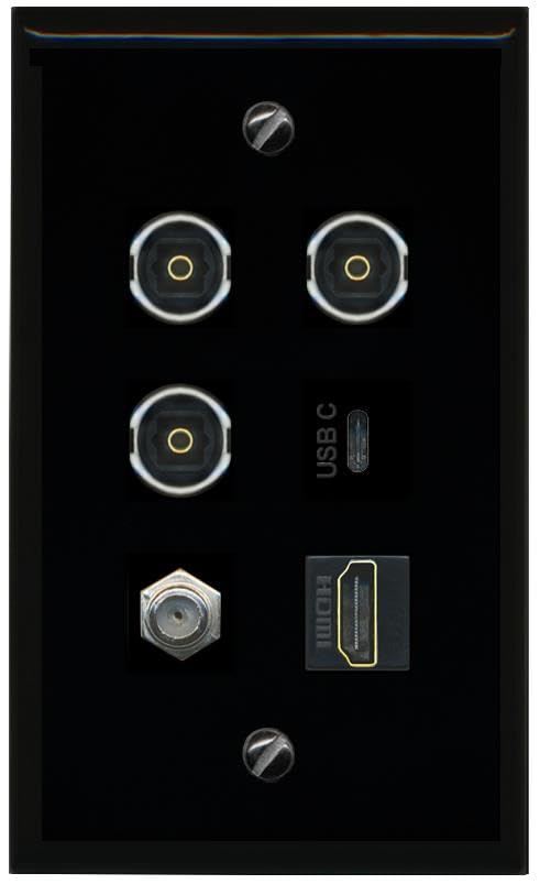 RiteAV Coax HDMI 3 TOSLINK USBC Flat/Solid Wall Plate [Black]